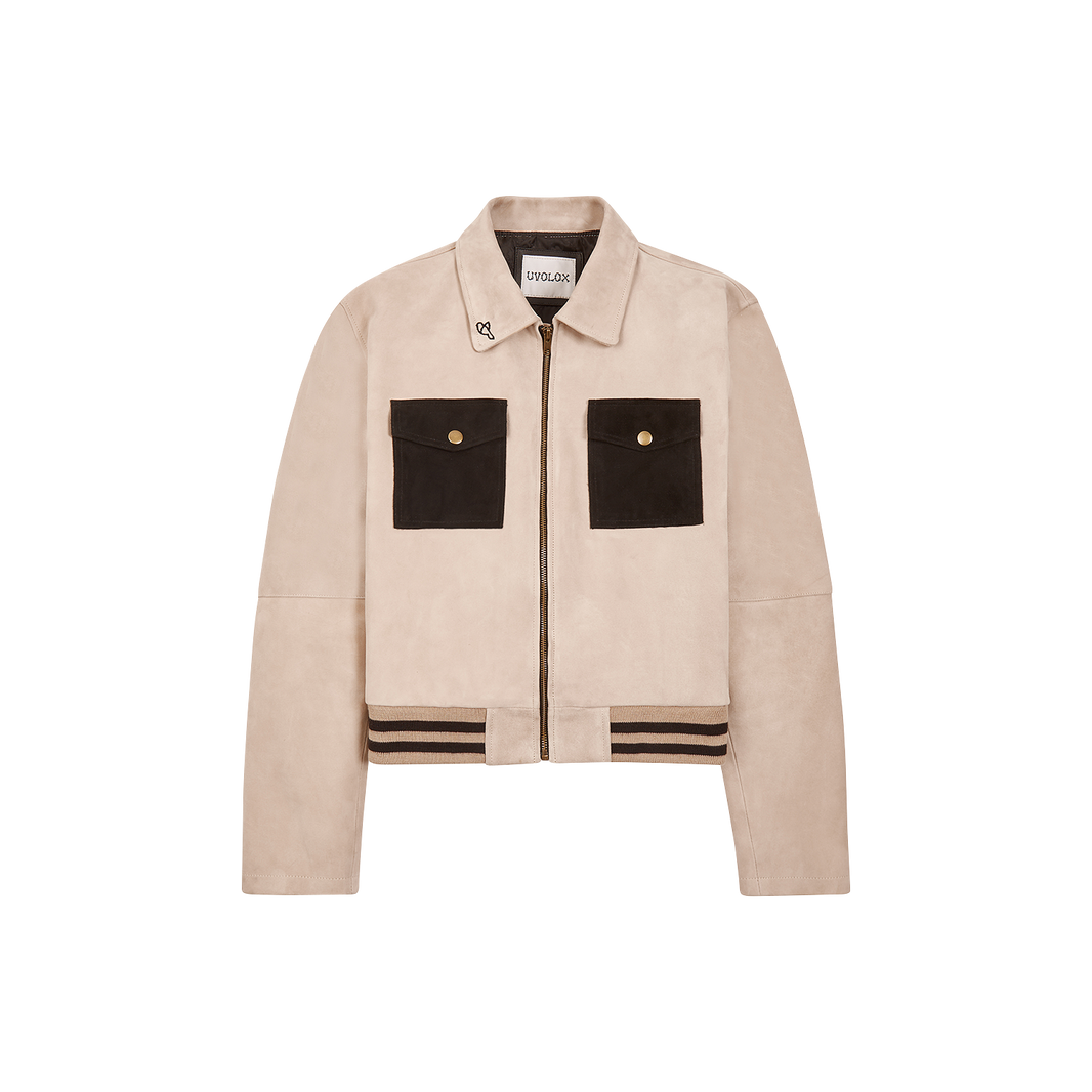 Uvolox 90 Recon Suede Jacket in beige suede with brown chest pockets, front view