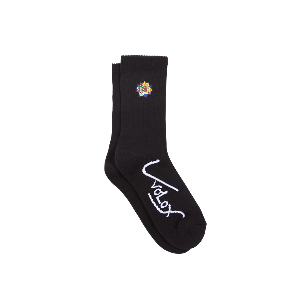 Uvolox Bloom Royale crew socks in black with crest and script logo