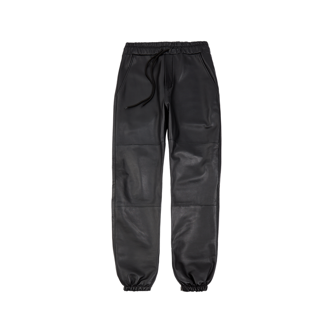 Uvolox Luxe Leather Pants in black leather, front view with drawstring waist