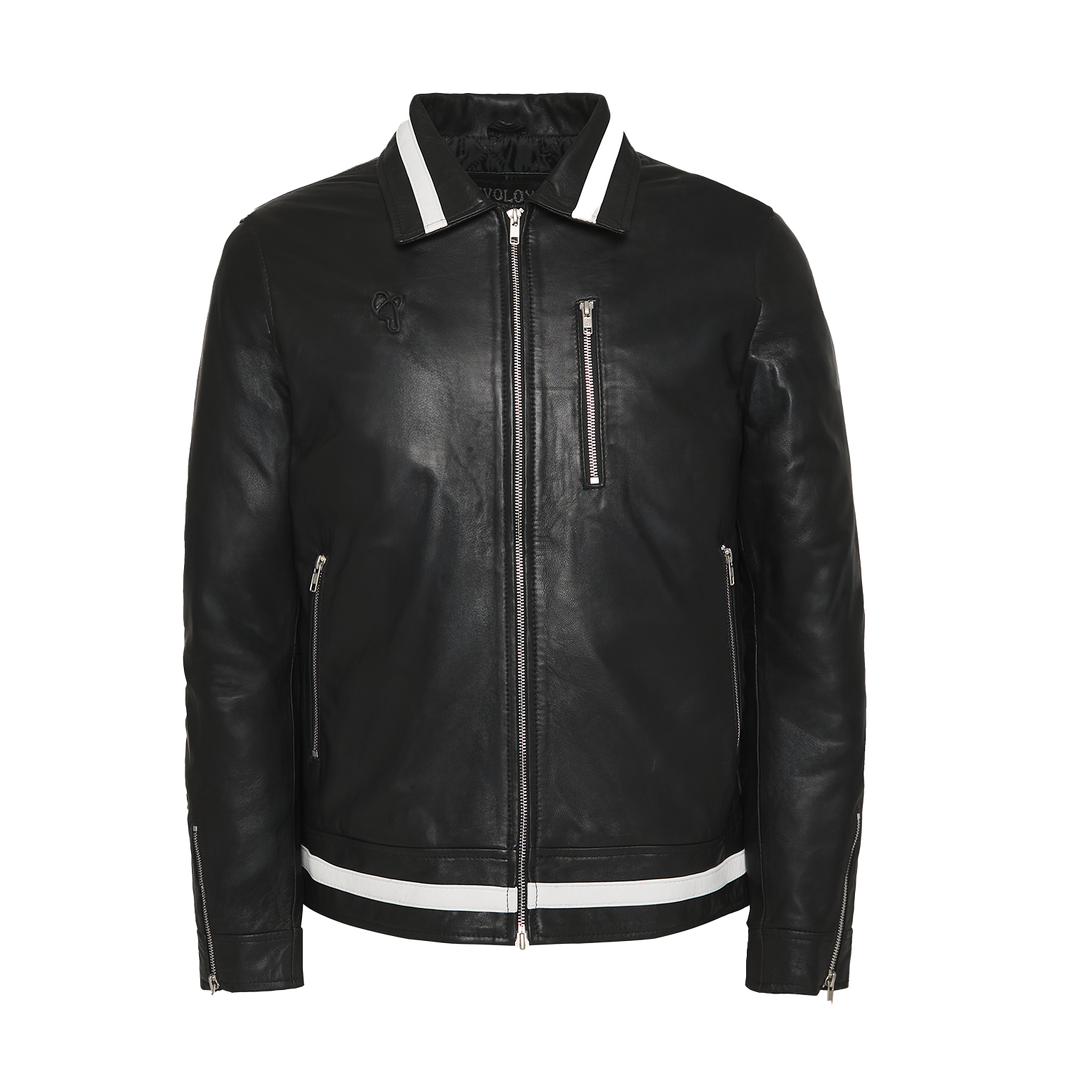 Uvolox Pressure is Privilege Leather Jacket in black leather with white-striped collar, front view