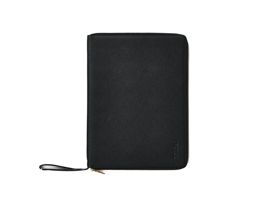 Uvolox Feechi laptop bag in black leather, front view with wrist strap