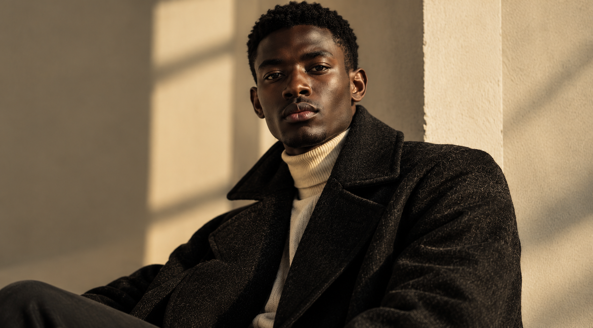 Uvolox model in a dark wool coat